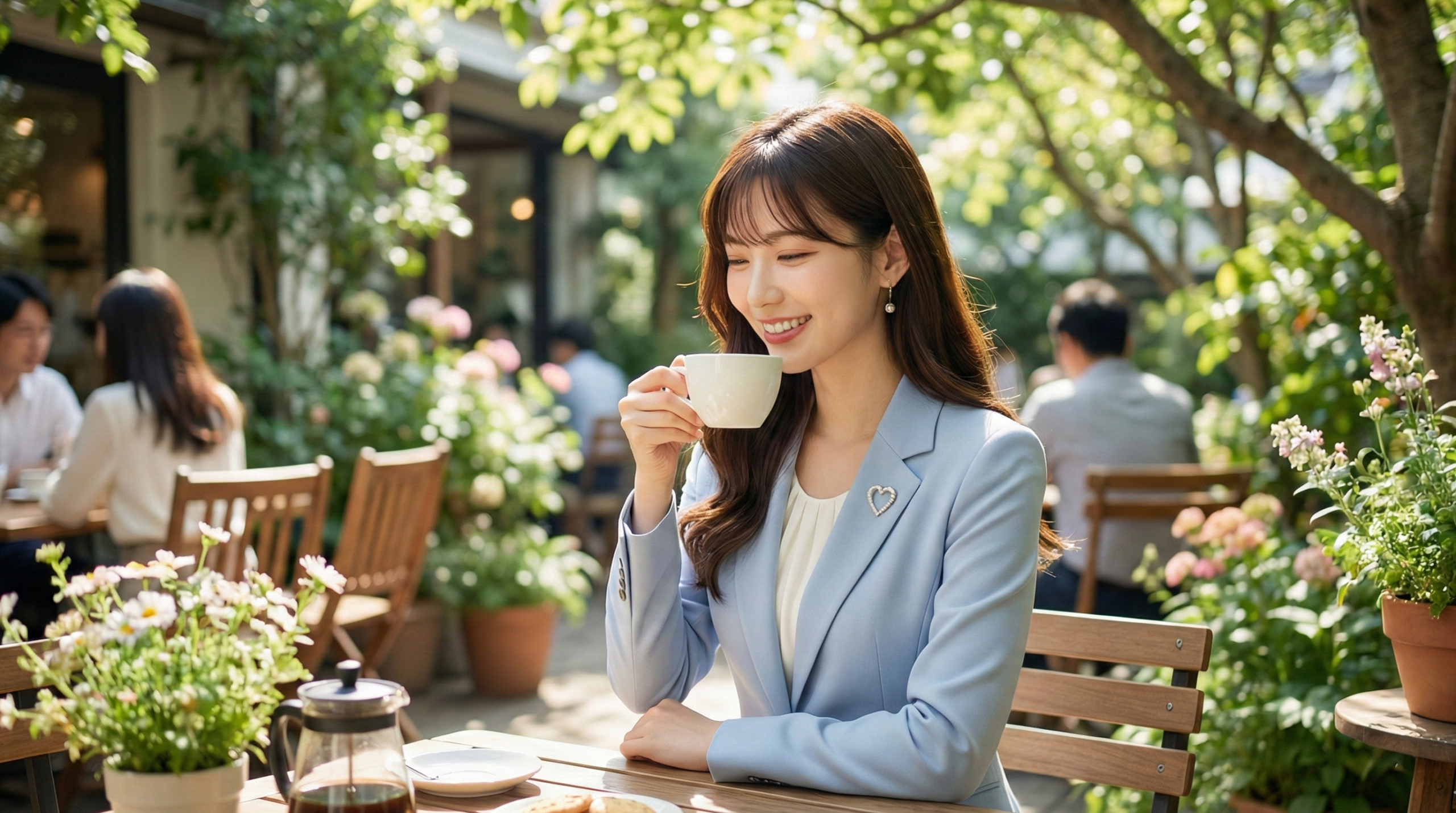 箕面の自然の中にあるカフェでリラックスする女性